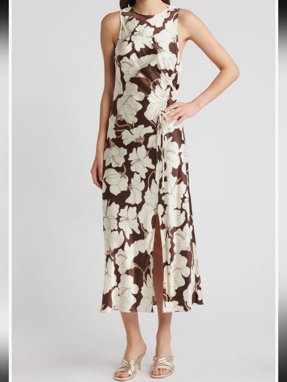 Rails Nwt Gabriella Floral Ruched Satin Midi Dress in Mocha Flora Size Large